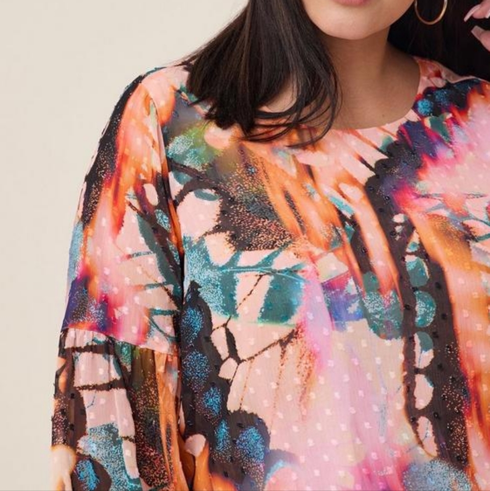 Torrid plus floral blouson long sleeves scoop neck top, 4XL, orange - Picture 2 of 14